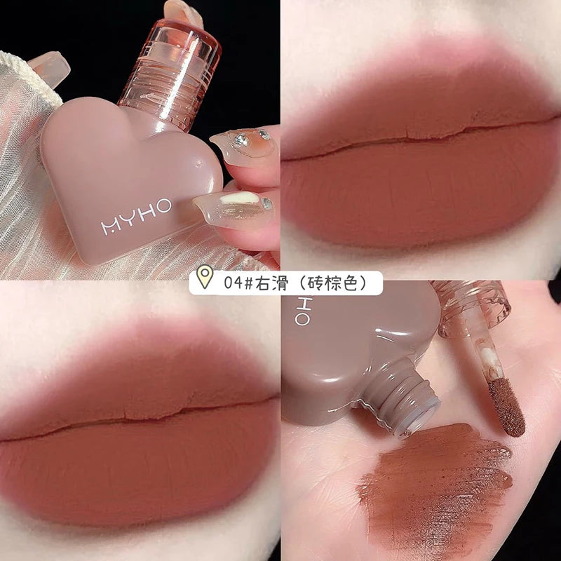 MYHO Heart Shape Mousse Matte Lipstick Liquid Lip Gloss Waterproof Long Lasting Women Heart Lip Tint Student Beauty Cosmetic