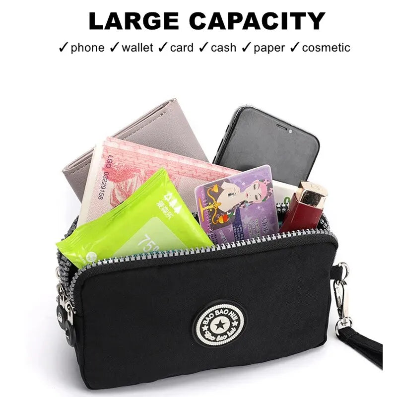 Solid Color Coin Purse Women Handbag Small Wallet Wrinkle Fabric Phone Purse Three Zippers Portable Make Up Bag