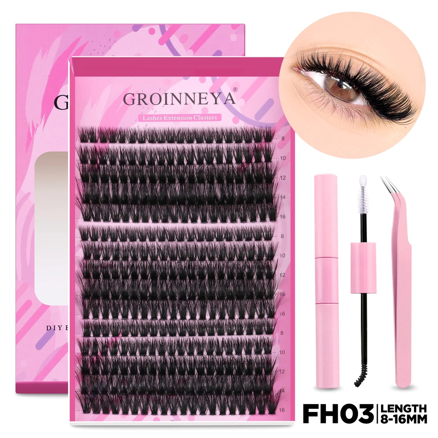 GROINNEYA DIY Lash Extension Kit Individual Lashes Cluster Mix Eyelashes Full Set Lashes Kit with Lash Bond and Seal At Home