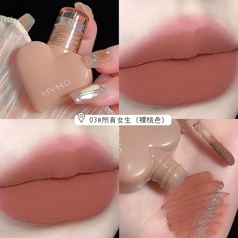 MYHO Heart Shape Mousse Matte Lipstick Liquid Lip Gloss Waterproof Long Lasting Women Heart Lip Tint Student Beauty Cosmetic