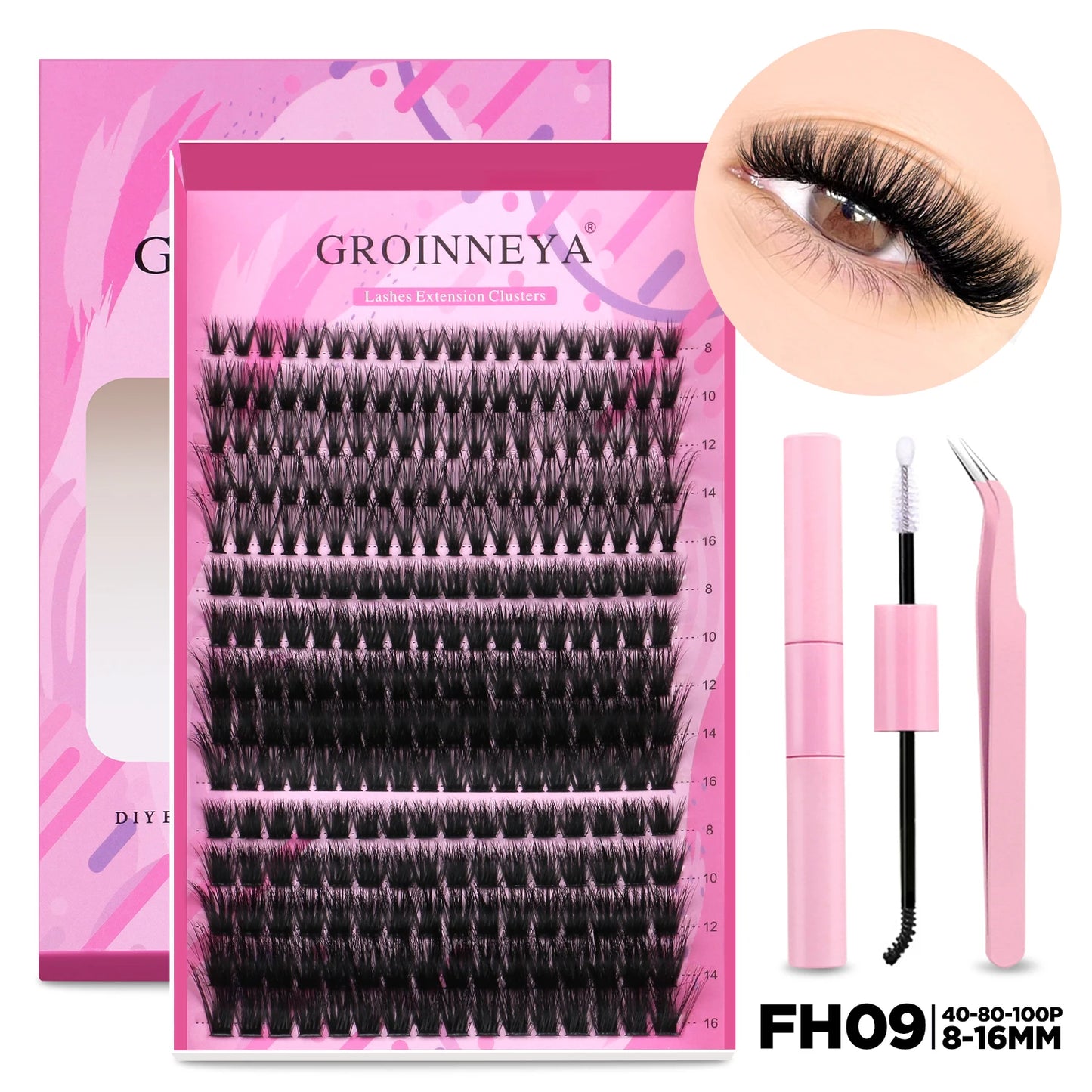 GROINNEYA DIY Lash Extension Kit Individual Lashes Cluster Mix Eyelashes Full Set Lashes Kit with Lash Bond and Seal At Home