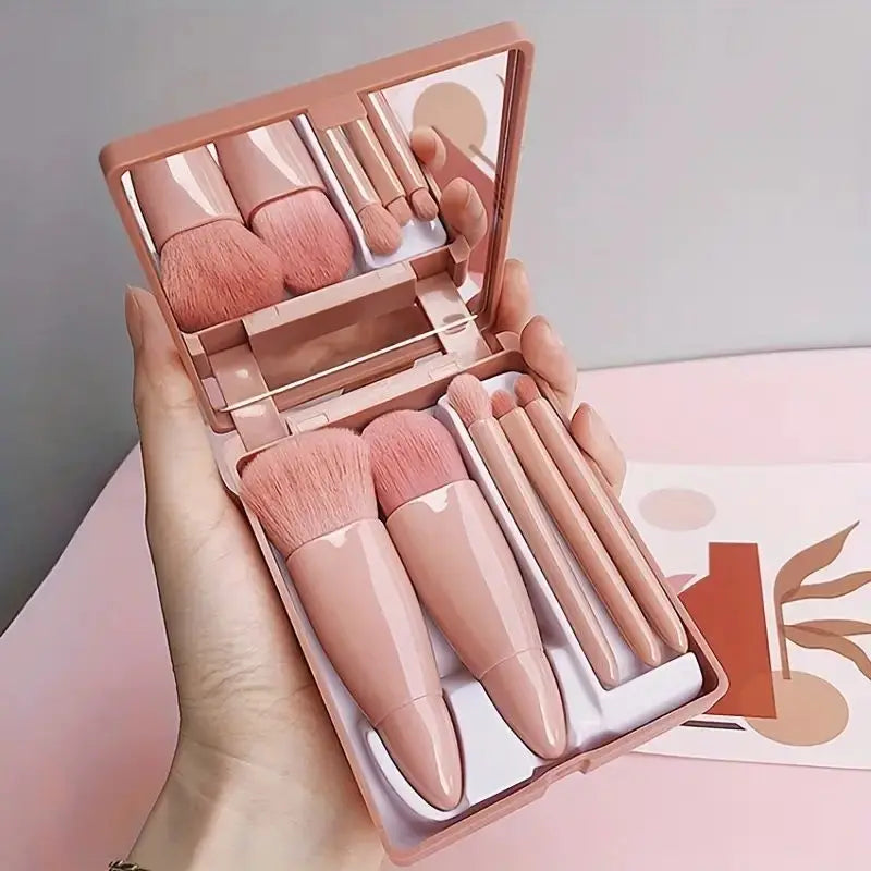 5 In 1 Makeup Brush Set with Mirror Blush Powder Brush Travel Kit Portable Mini Beauty Make Up Tool,5-Piece Portable Makeup