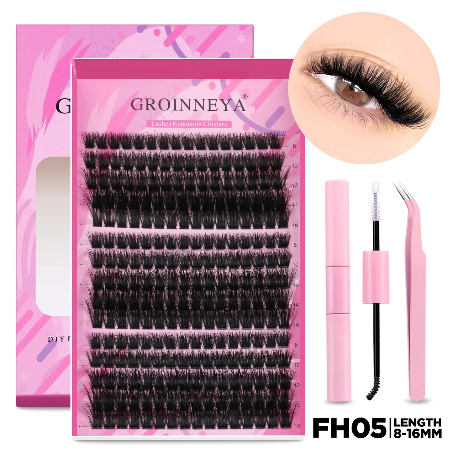 GROINNEYA DIY Lash Extension Kit Individual Lashes Cluster Mix Eyelashes Full Set Lashes Kit with Lash Bond and Seal At Home