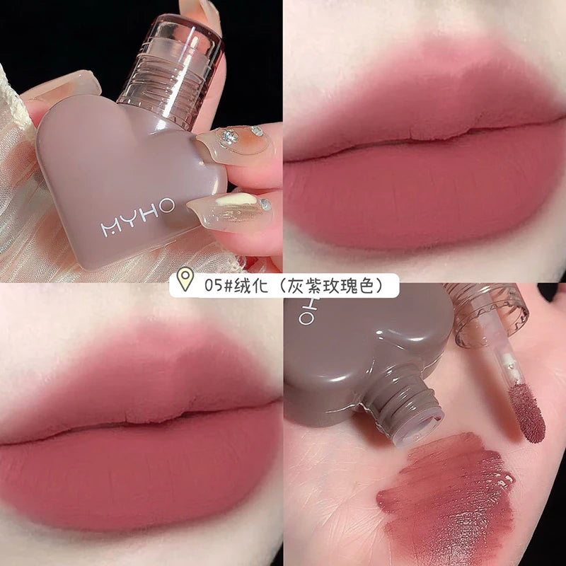 MYHO Heart Shape Mousse Matte Lipstick Liquid Lip Gloss Waterproof Long Lasting Women Heart Lip Tint Student Beauty Cosmetic