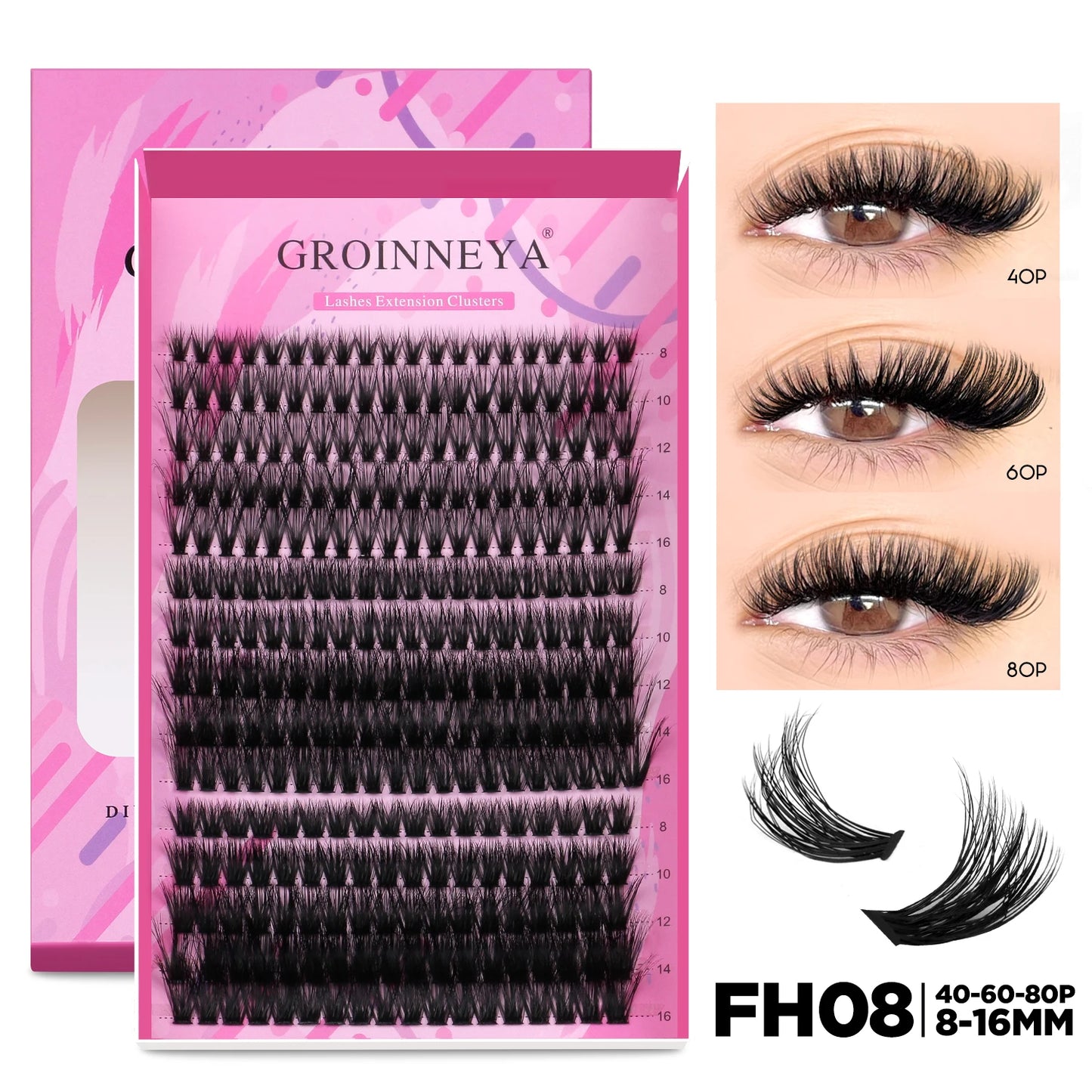 GROINNEYA DIY Lash Extension Kit Individual Lashes Cluster Mix Eyelashes Full Set Lashes Kit with Lash Bond and Seal At Home