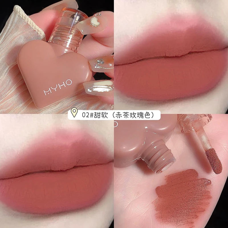 MYHO Heart Shape Mousse Matte Lipstick Liquid Lip Gloss Waterproof Long Lasting Women Heart Lip Tint Student Beauty Cosmetic