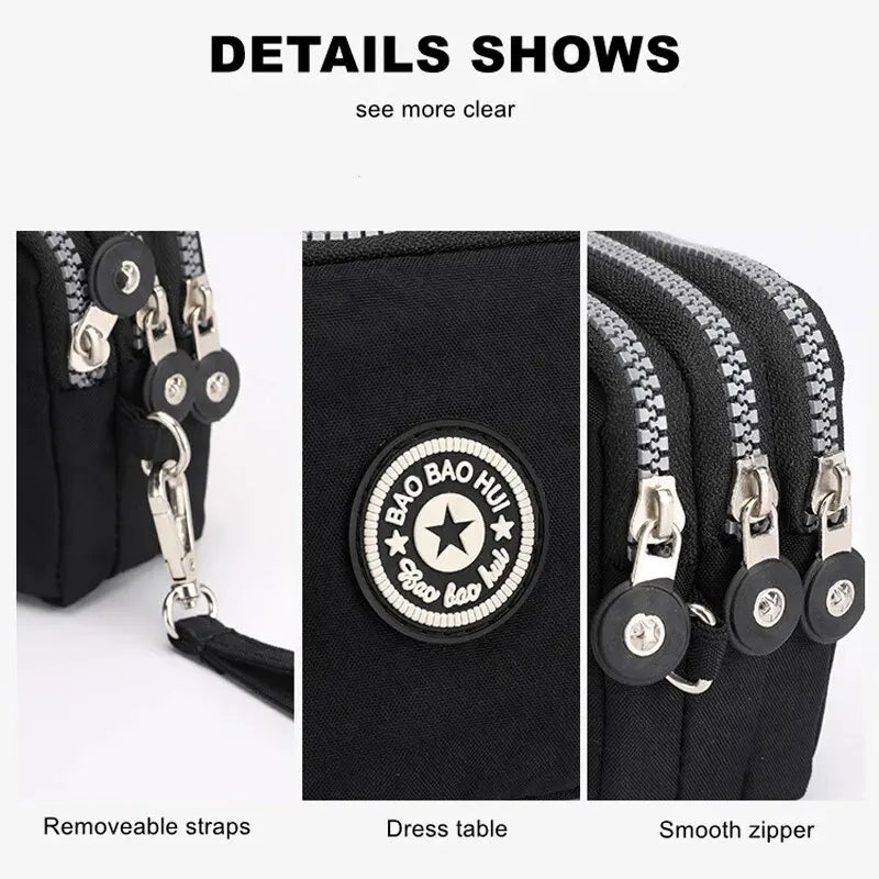 Solid Color Coin Purse Women Handbag Small Wallet Wrinkle Fabric Phone Purse Three Zippers Portable Make Up Bag