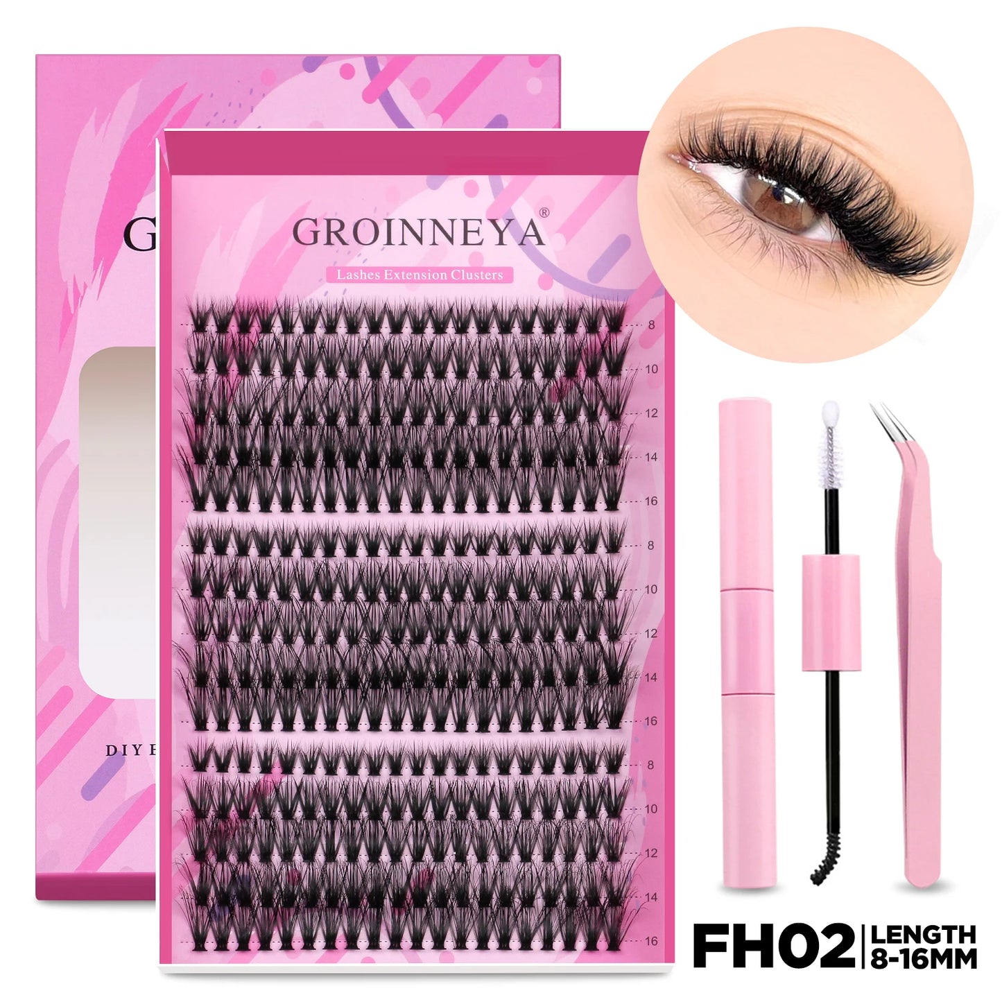 GROINNEYA DIY Lash Extension Kit Individual Lashes Cluster Mix Eyelashes Full Set Lashes Kit with Lash Bond and Seal At Home