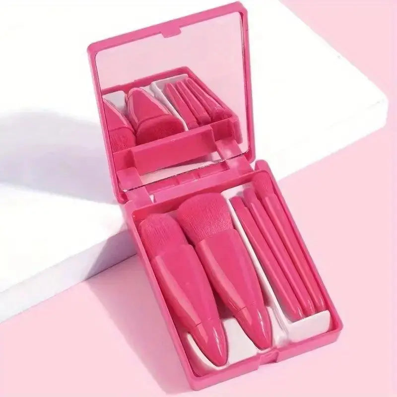 5 In 1 Makeup Brush Set with Mirror Blush Powder Brush Travel Kit Portable Mini Beauty Make Up Tool,5-Piece Portable Makeup