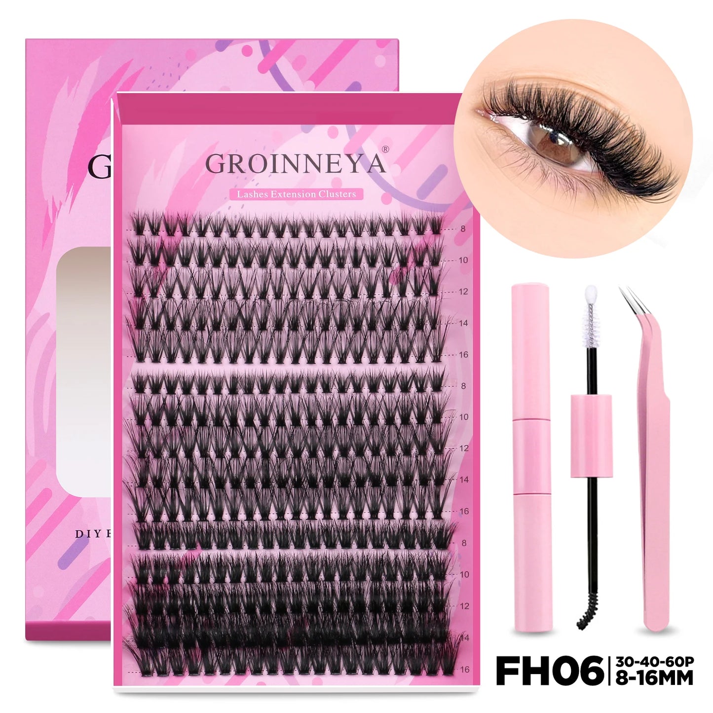 GROINNEYA DIY Lash Extension Kit Individual Lashes Cluster Mix Eyelashes Full Set Lashes Kit with Lash Bond and Seal At Home