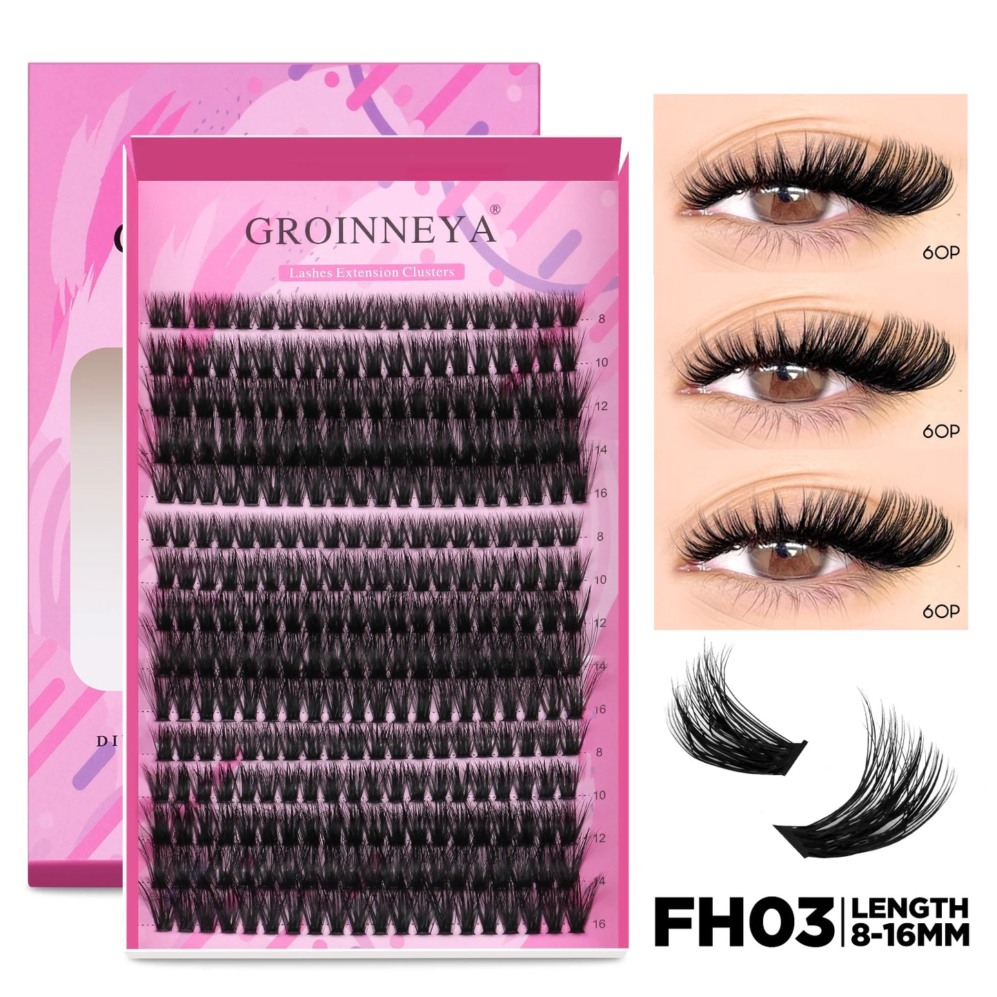 GROINNEYA DIY Lash Extension Kit Individual Lashes Cluster Mix Eyelashes Full Set Lashes Kit with Lash Bond and Seal At Home